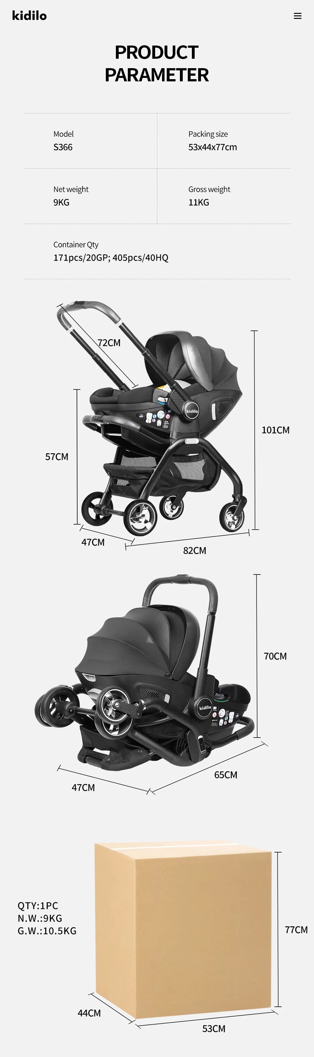 Kidilo™ 3-in-1 Baby Car Seat Stroller
