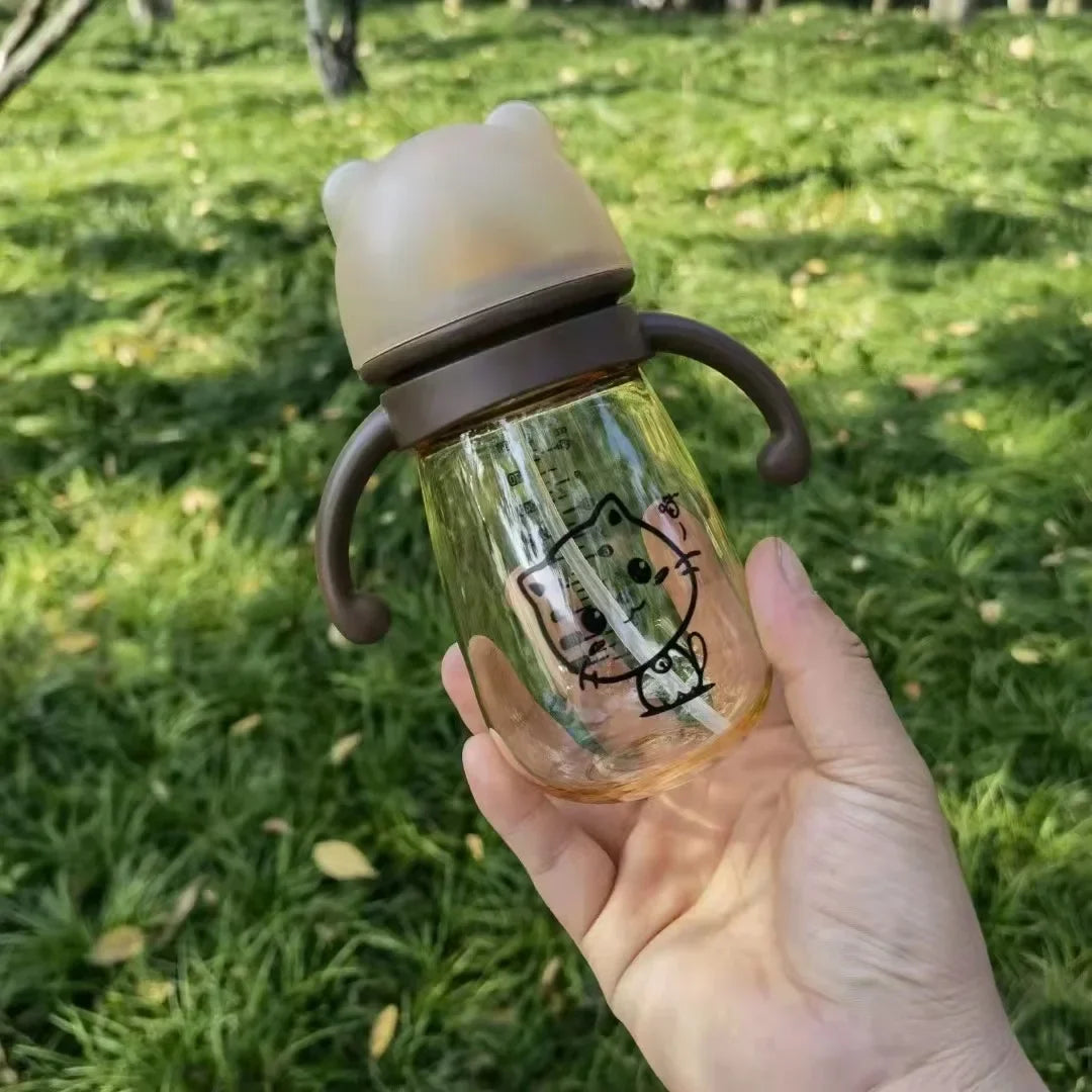 MilkMate™ 300ml Baby Bottle – Wide Mouth Silicone PPSU Bottle with Handles & Cartoon Design