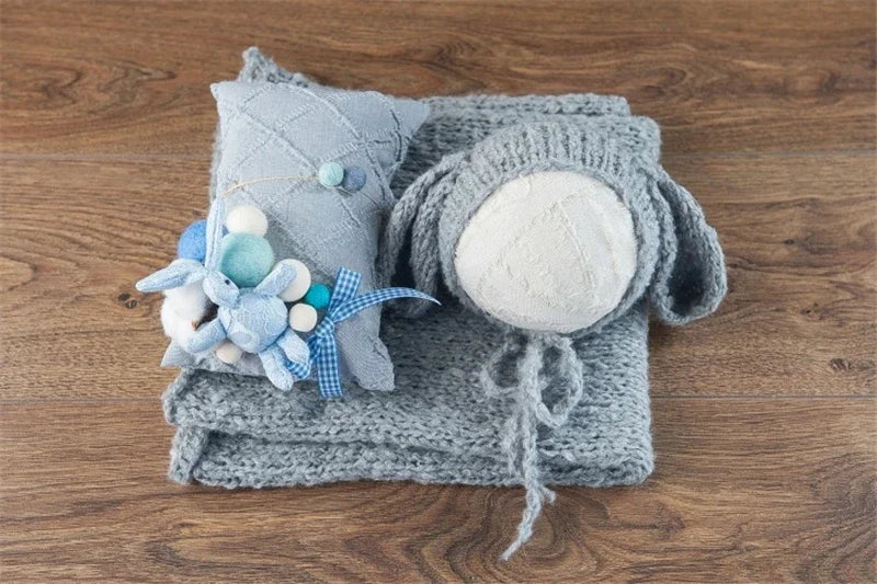 📷 DVOTINST™ Newborn Photography Set – 3PCS Baby Photo Props in Beige (Hat, Wrap & Doll) | Unisex Soft Outfit for 0–1Y