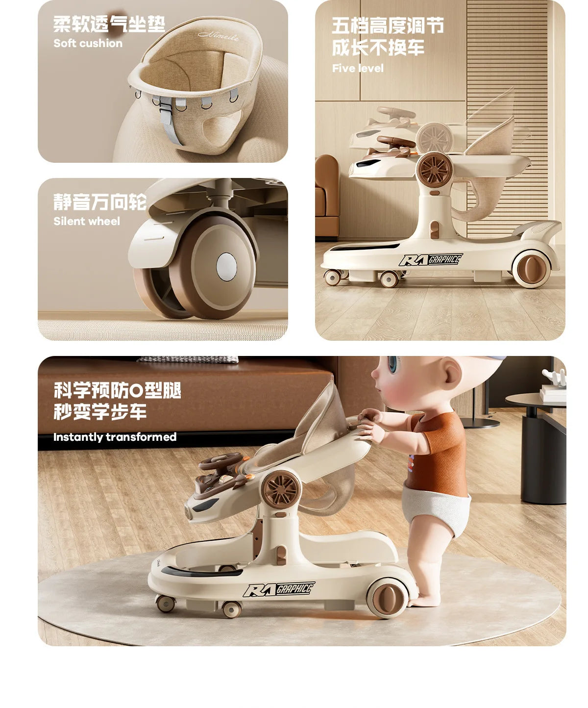 3-in-1 Foldable Baby Walker with Music & Wheels
