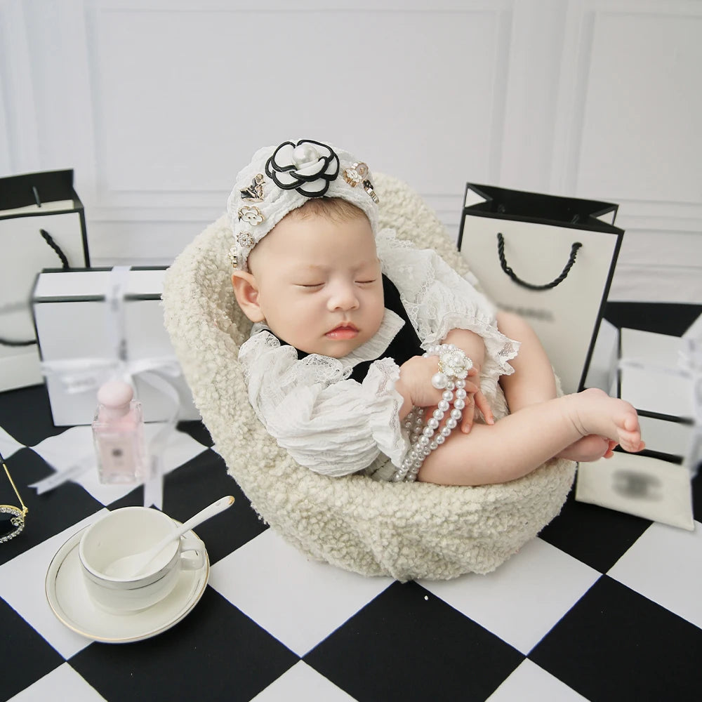 Newborn Photography Props Set – Fashion Photo Outfit with Dress, Headband & Soft Hat for 0–1 Month Baby Girls