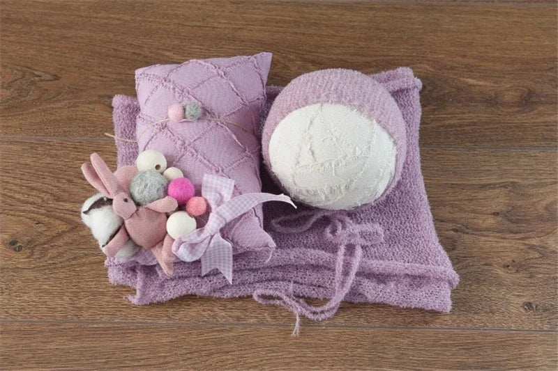 📷 DVOTINST™ Newborn Photography Set – 3PCS Baby Photo Props in Beige (Hat, Wrap & Doll) | Unisex Soft Outfit for 0–1Y