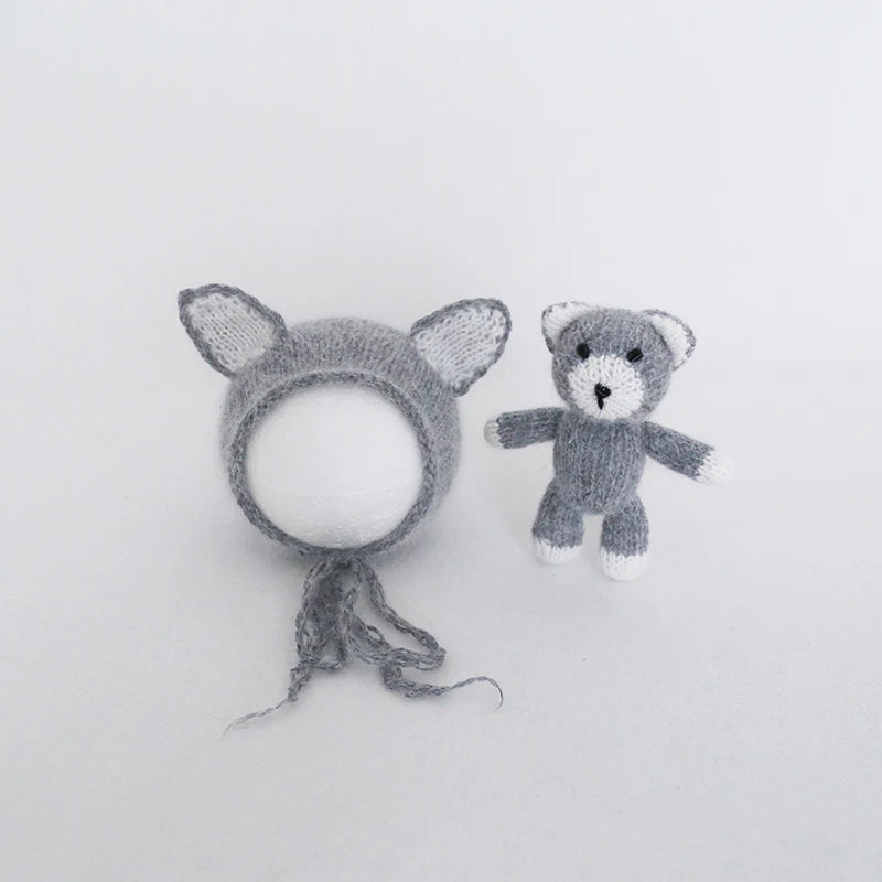 Handmade Newborn Bonnet &amp; Toy Set  Wool Photography Props