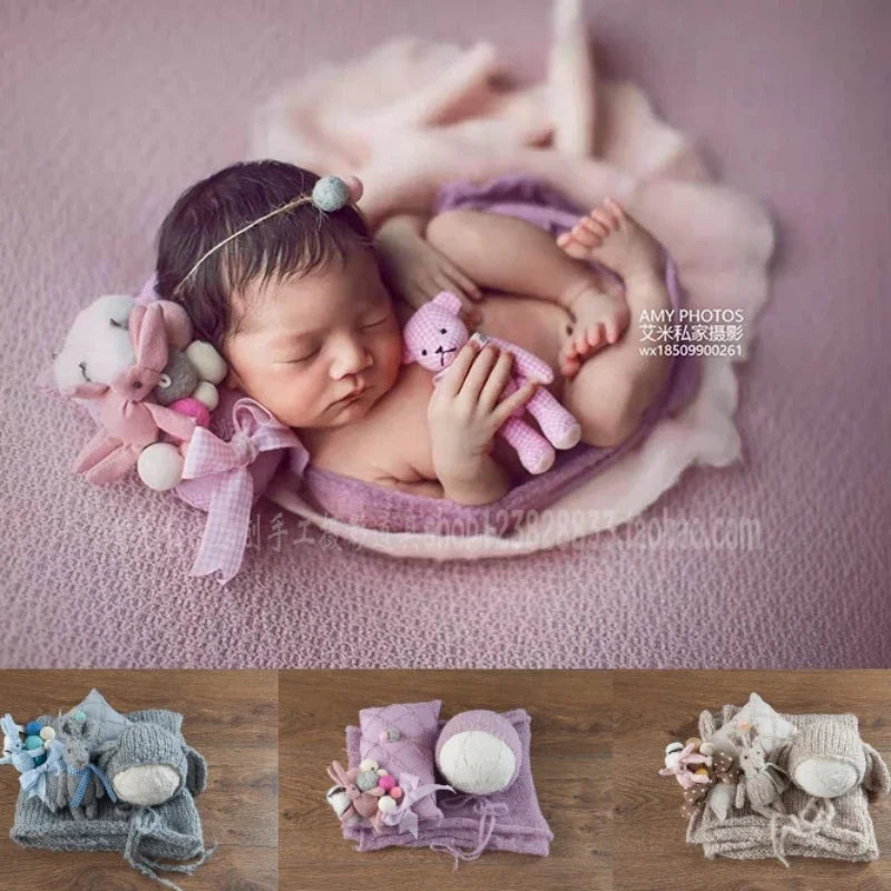 📷 DVOTINST™ Newborn Photography Set – 3PCS Baby Photo Props in Beige (Hat, Wrap & Doll) | Unisex Soft Outfit for 0–1Y
