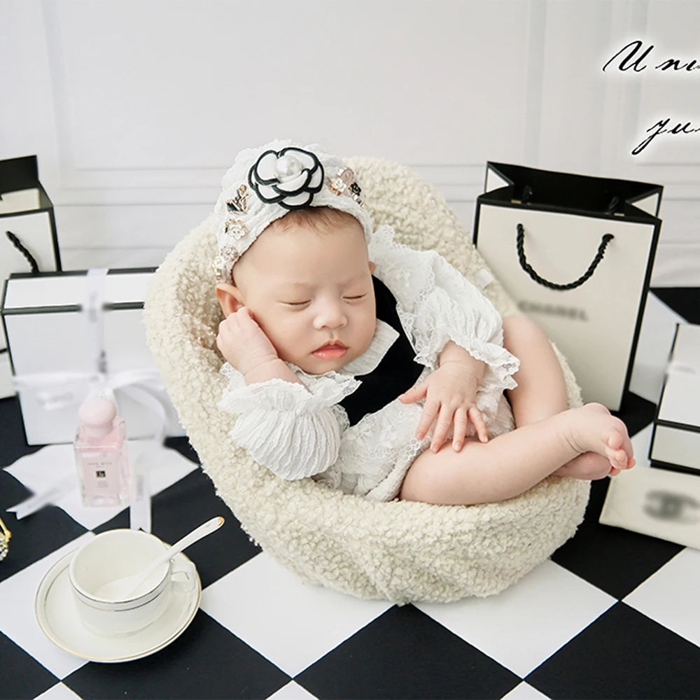 Newborn Photography Props Set – Fashion Photo Outfit with Dress, Headband & Soft Hat for 0–1 Month Baby Girls
