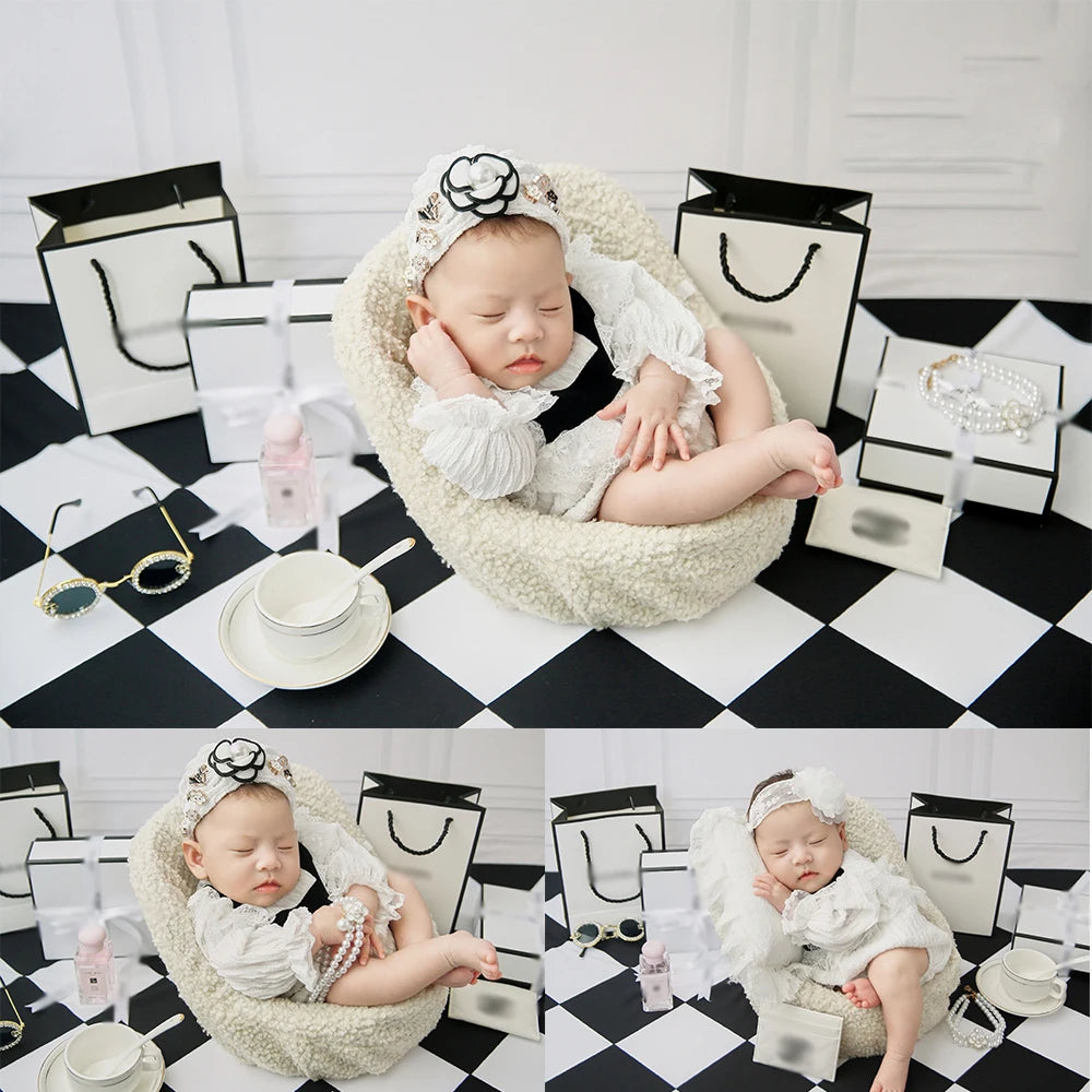 Newborn Photography Props Set – Fashion Photo Outfit with Dress, Headband & Soft Hat for 0–1 Month Baby Girls