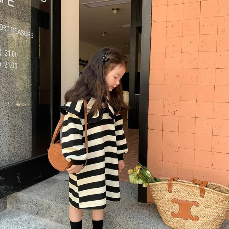 Girls Striped Lapel Casual Dress