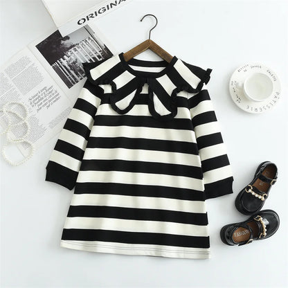 Girls Striped Lapel Casual Dress