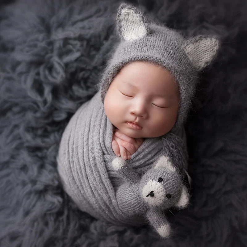Handmade Newborn Bonnet &amp; Toy Set  Wool Photography Props