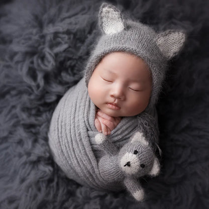 Handmade Newborn Bonnet &amp; Toy Set  Wool Photography Props