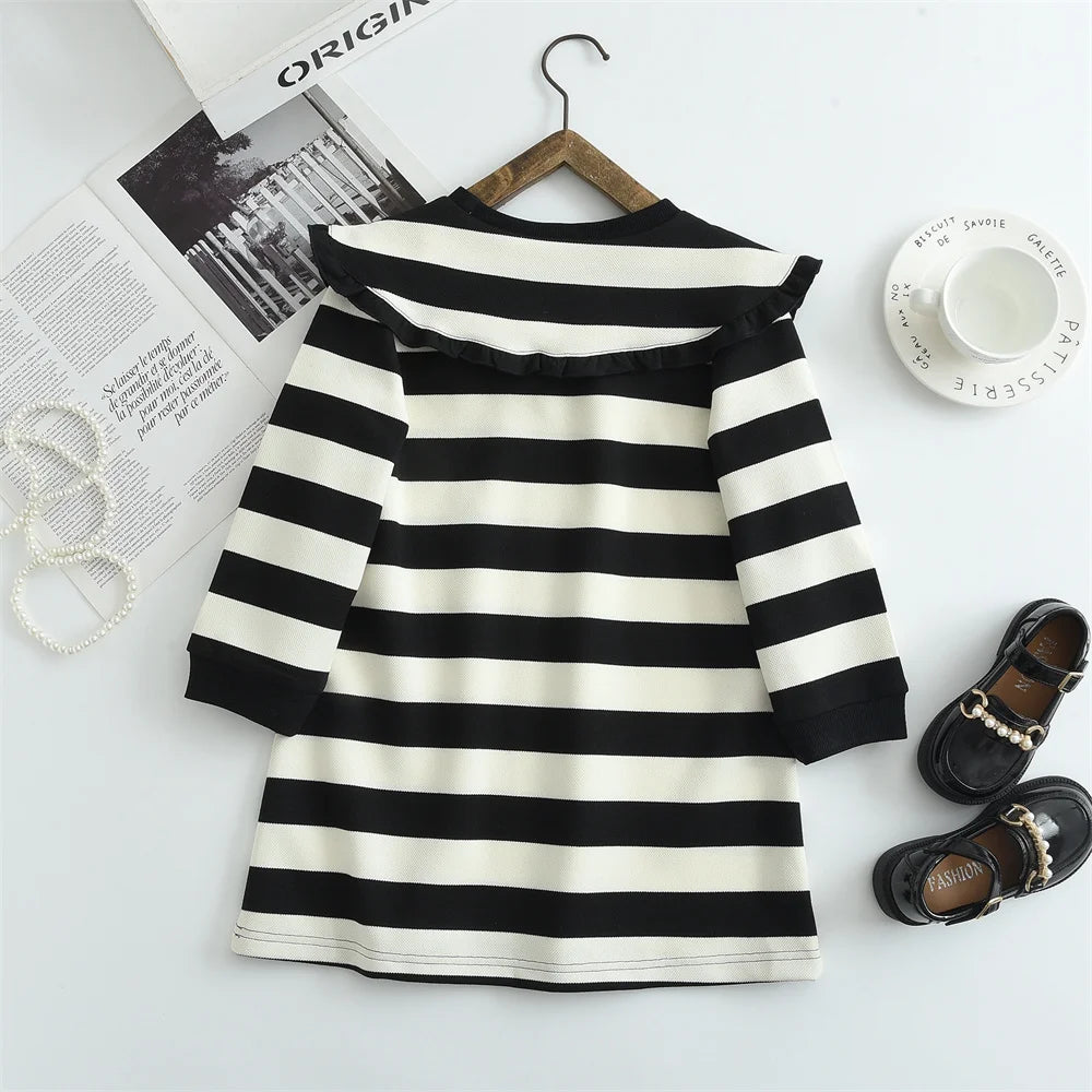 Girls Striped Lapel Casual Dress