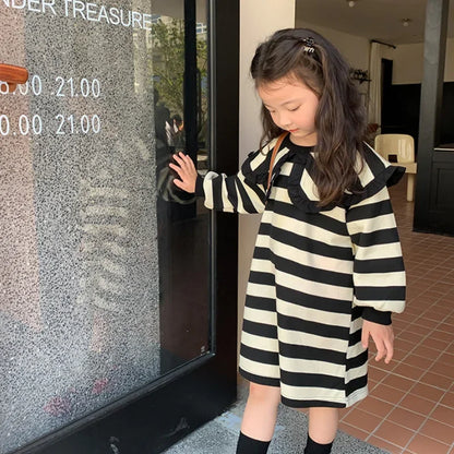 Girls Striped Lapel Casual Dress