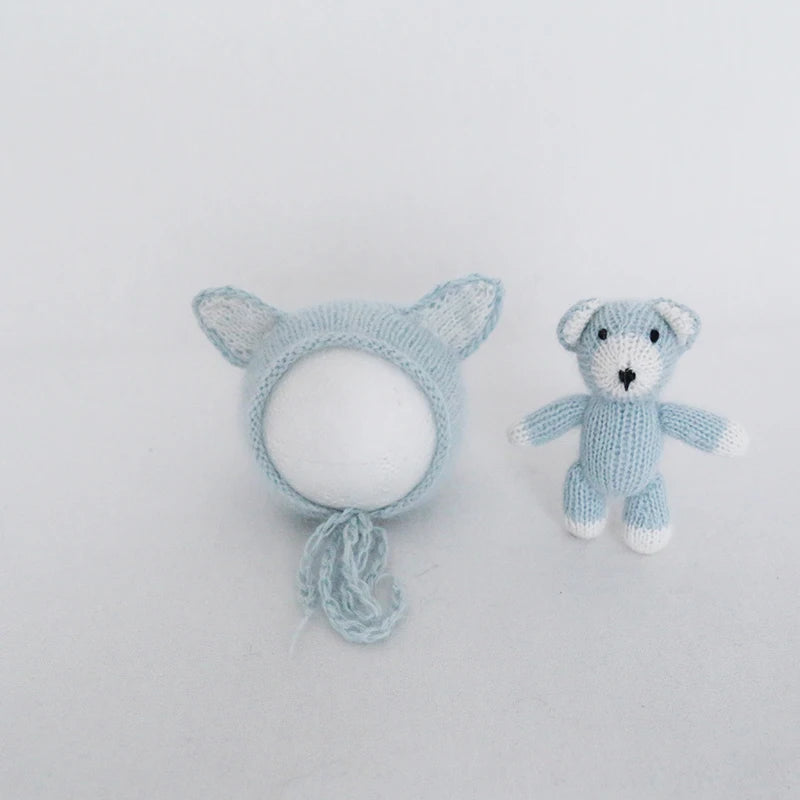 Handmade Newborn Bonnet &amp; Toy Set  Wool Photography Props