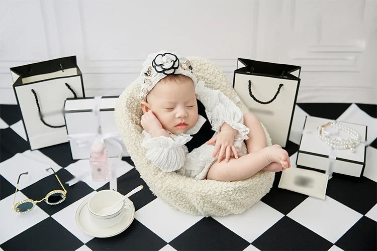 Newborn Photography Props Set – Fashion Photo Outfit with Dress, Headband & Soft Hat for 0–1 Month Baby Girls