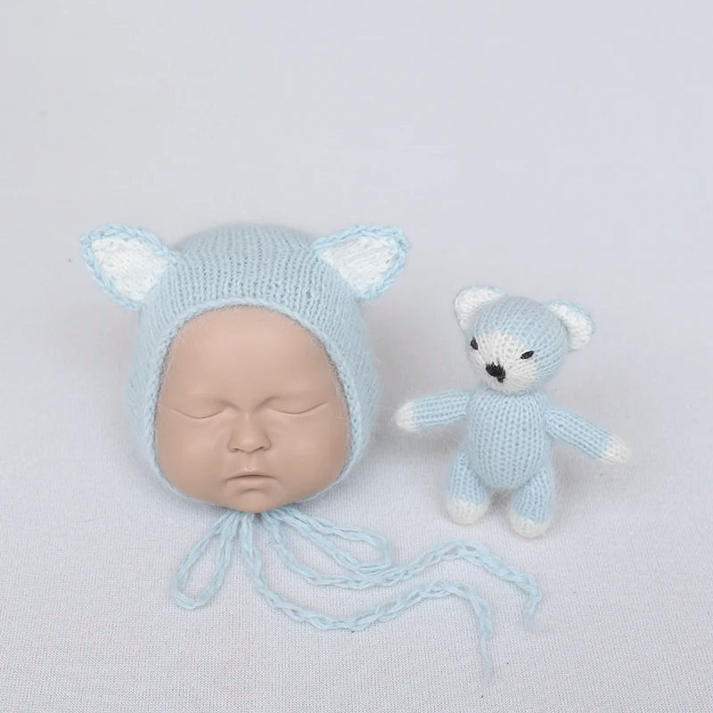Handmade Newborn Bonnet &amp; Toy Set  Wool Photography Props