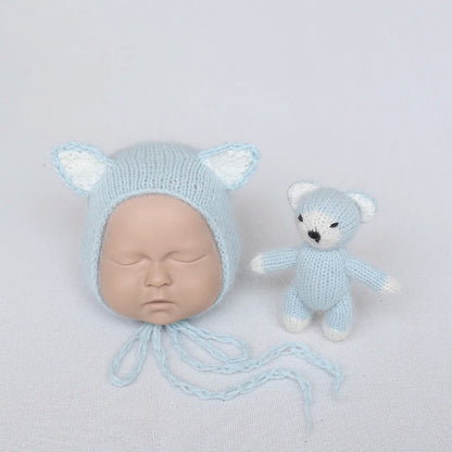 Handmade Newborn Bonnet &amp; Toy Set  Wool Photography Props