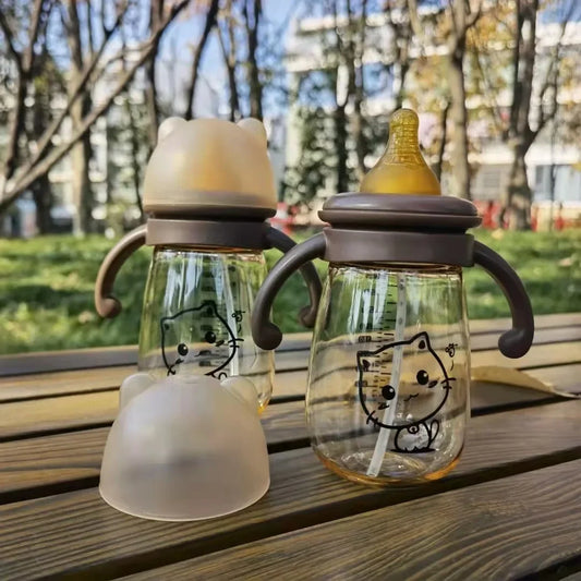 MilkMate™ 300ml Baby Bottle – Wide Mouth Silicone PPSU Bottle with Handles & Cartoon Design
