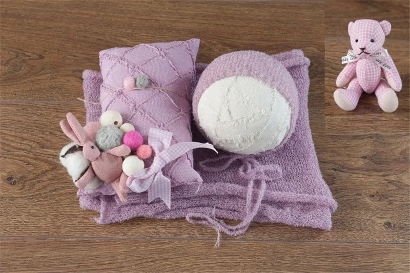 📷 DVOTINST™ Newborn Photography Set – 3PCS Baby Photo Props in Beige (Hat, Wrap & Doll) | Unisex Soft Outfit for 0–1Y