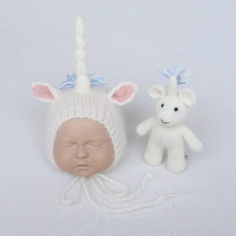 Handmade Newborn Bonnet &amp; Toy Set  Wool Photography Props