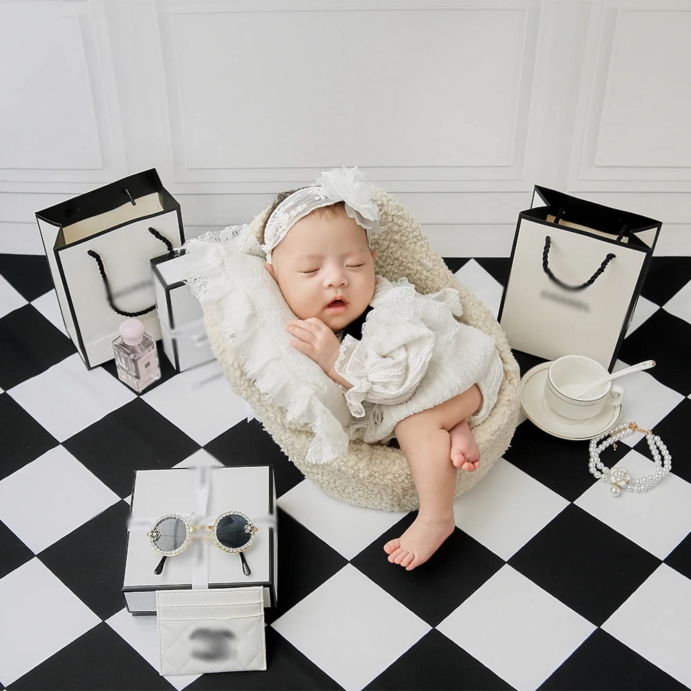 Newborn Photography Props Set – Fashion Photo Outfit with Dress, Headband & Soft Hat for 0–1 Month Baby Girls